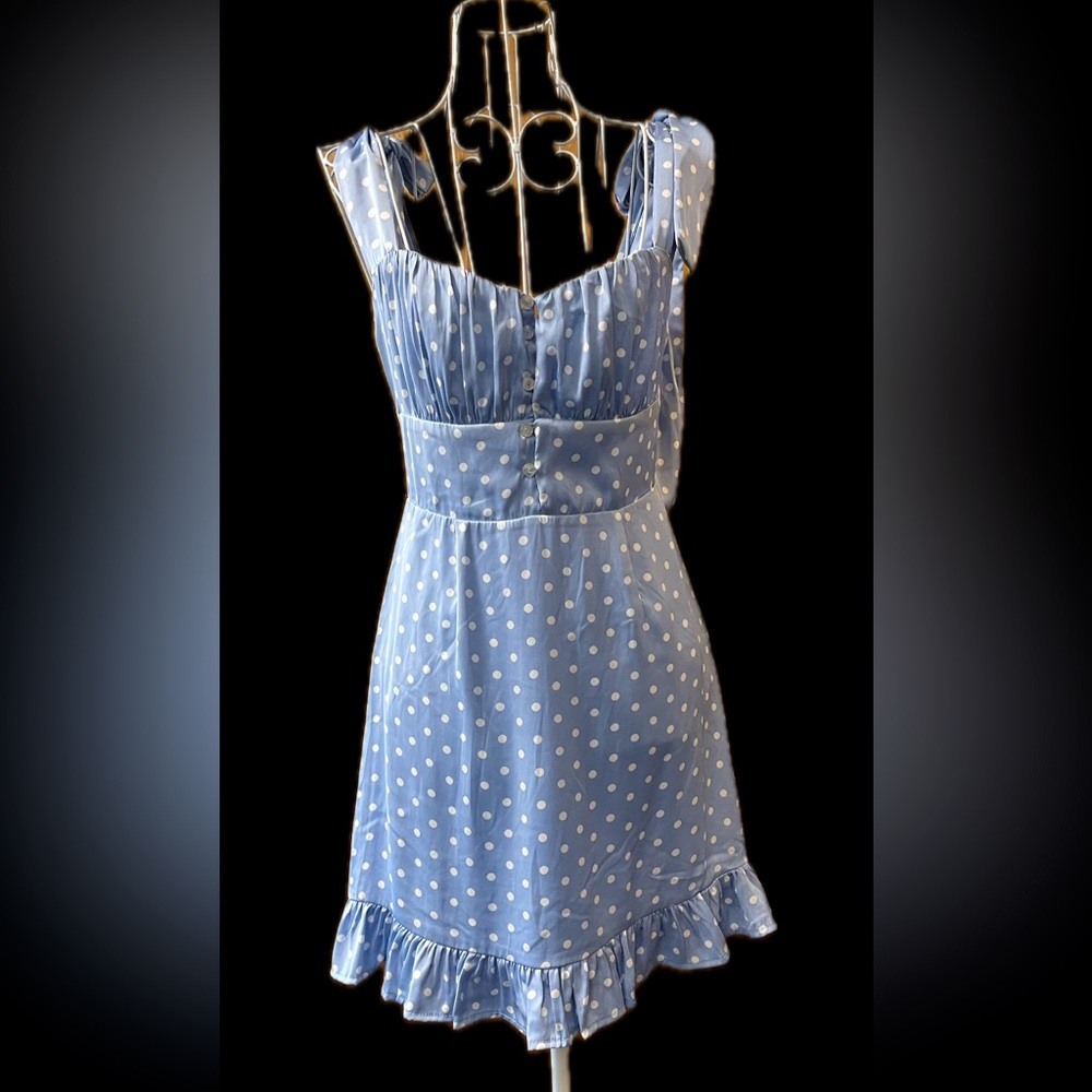 Brand New w/Tags Pretty Blue & Soft White Polkadot adjustable straps Dress Sz SM
